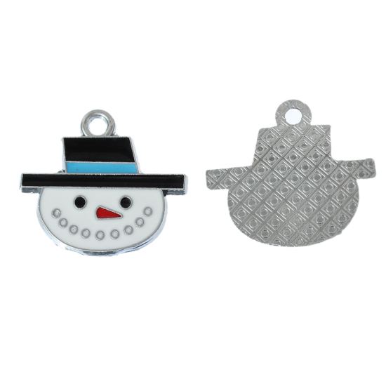 Picture of Zinc Metal Alloy Charm Pendants Christmas Snowman Silver Tone Multicolor Enamel 25mm x 23mm(1" x 7/8"), 10 PCs