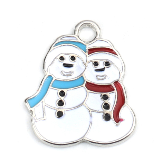 Immagine di Lega di Zinco Ciondoli Tono Argento Multicolore Pupazzo Natale Smalto 23mm x 19mm, 10 Pz