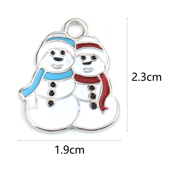 Immagine di Lega di Zinco Ciondoli Tono Argento Multicolore Pupazzo Natale Smalto 23mm x 19mm, 10 Pz