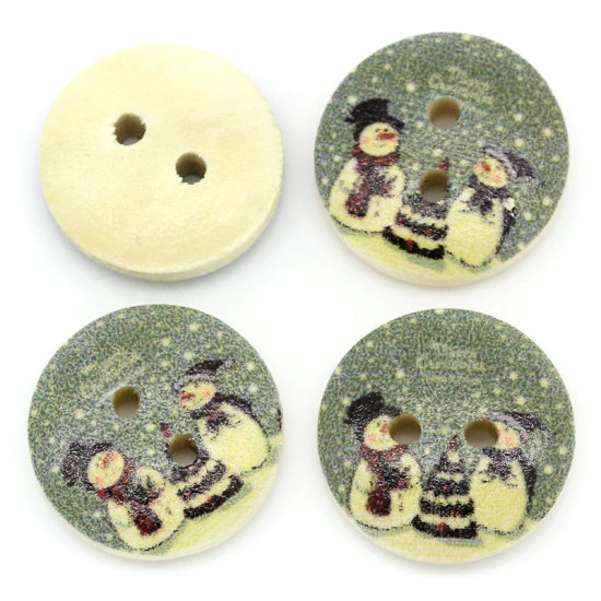 Image de Bouton de Couture en Bois 2 Trous Couleur Naturelle Rond Bonhomme de Neige de Noël 15mm Dia, 100 PCs