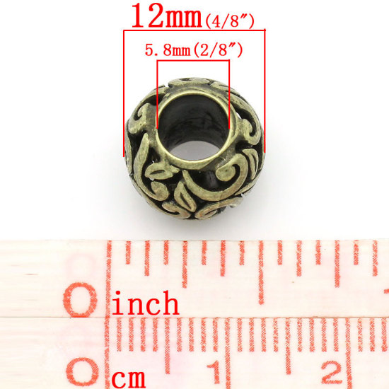 Picture of Brass European Style Large Hole Charm Beads Round Antique Bronze Pattern About 12mm Dia, Hole: Approx 5.8mm, 10 PCs