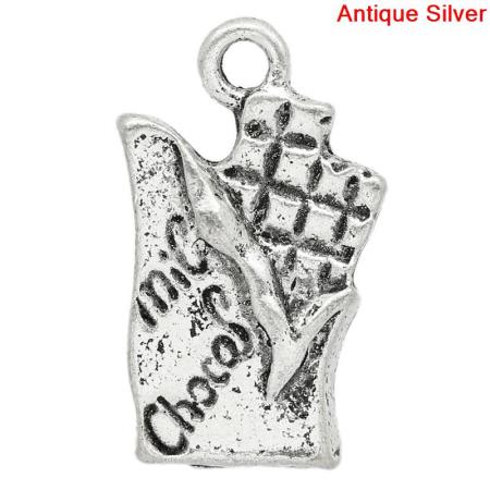 Imagen de Colgantes Aleación del Metal Del Zinc de Chocolate,Mensaje Plata Antigua Rhinestone CHOCOLATES Carved 20.0mm x 12.0mm, 30 Unidades 