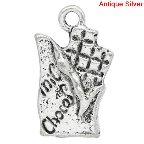 Immagine di Lega di Zinco Charm Ciondoli Cioccolata Argento Antico Lettere Disegno Messaggio CHOCOLATES Intagliato 20.0mm x 12.0mm, 30 Pz