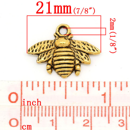 Picture of Zinc Metal Alloy Charm Pendants Bees Animal Gold Tone Antique Gold 21mm( 7/8") x 16mm( 5/8"), 50 PCs