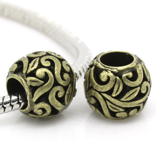 Picture of Brass European Style Large Hole Charm Beads Round Antique Bronze Pattern About 12mm Dia, Hole: Approx 5.8mm, 10 PCs