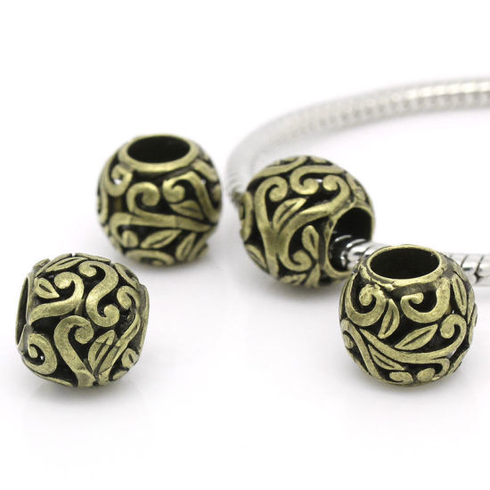 Picture of Brass European Style Large Hole Charm Beads Round Antique Bronze Pattern About 12mm Dia, Hole: Approx 5.8mm, 10 PCs