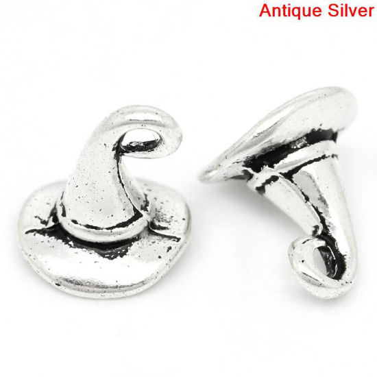 Picture of 400 PCs Zinc Based Alloy Charms Antique Silver Color Halloween Witch Hat 11mm x 11mm