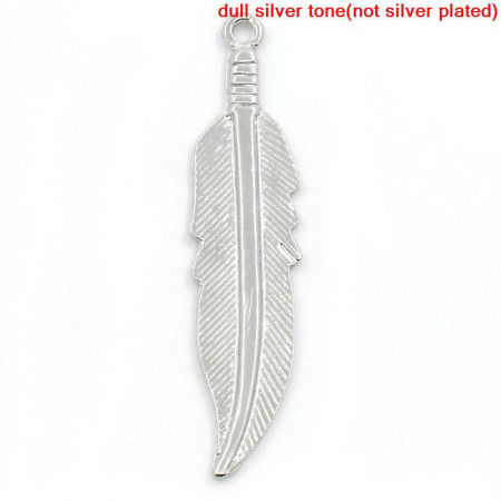 Zinc Based Alloy Pendants Silver Tone Feather 45mm x 11mm, 4 PCs