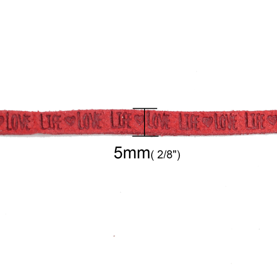 Imagen de Cuerda Terciopelo de Rojo Mensaje " Life & LOVE " Ante 5mm, 1 Rollo (Aprox 3 M/Rollo)