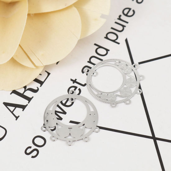 Immagine di Ottone Filigree Stamping Connettore Tondo Tono Argento 24mm x 21mm, 10 Pz