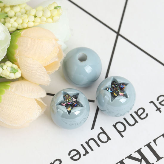 Picture of Acrylic Spacer Beads (Half Drilled) Round Steel Gray Pentagram Star Pattern Multicolor Rhinestone About 16mm Dia., Hole: Approx 3.5mm, 10 PCs