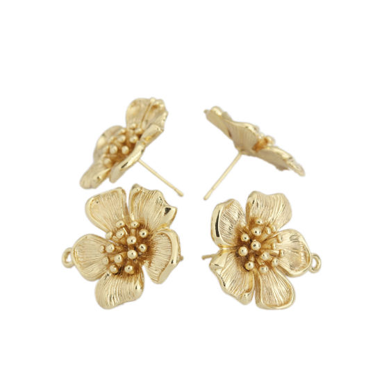 Bild von Zinklegierung Ohrring Ohrstecker Zubehör Blumen Vergoldet M/Öse 25mm x 24mm, Drahtstärke: (21 gauge), 2 Paare