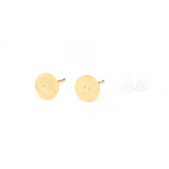 Picture of Stainless Steel Ear Post Stud Earrings Round Gold Plated Cabochon Settings (Fits 8mm Dia.) 8mm Dia., Post/ Wire Size: (21 gauge), 50 PCs