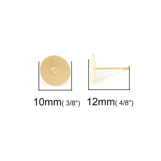 Picture of Stainless Steel Ear Post Stud Earrings Round Gold Plated Cabochon Settings (Fits 10mm Dia.) 10mm Dia., Post/ Wire Size: (21 gauge), 50 PCs