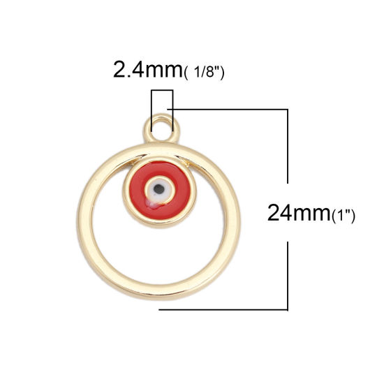 Imagen de Zamak Colgantes Charms Ronda Chapado en Oro Rojo Mal de ojo Esmalte 24mm x 20mm, 10 Unidades