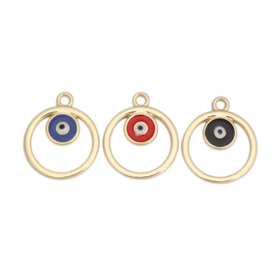 Imagen de Zamak Colgantes Charms Ronda Chapado en Oro Azul Mal de ojo Esmalte 24mm x 20mm, 10 Unidades