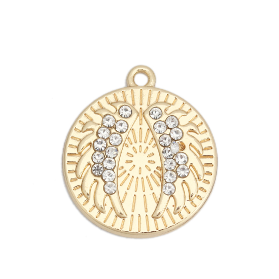 Picture of Zinc Based Alloy Charms Round Gold Plated Wing Clear Rhinestone 25mm x 22mm, 5 PCs