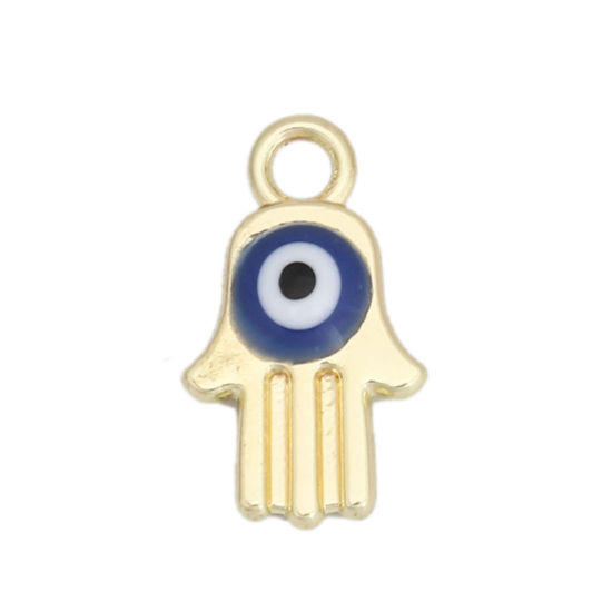 Picture of Zinc Based Alloy Charms Hamsa Symbol Hand Gold Plated Blue Evil Eye Enamel 14mm x 8mm, 10 PCs