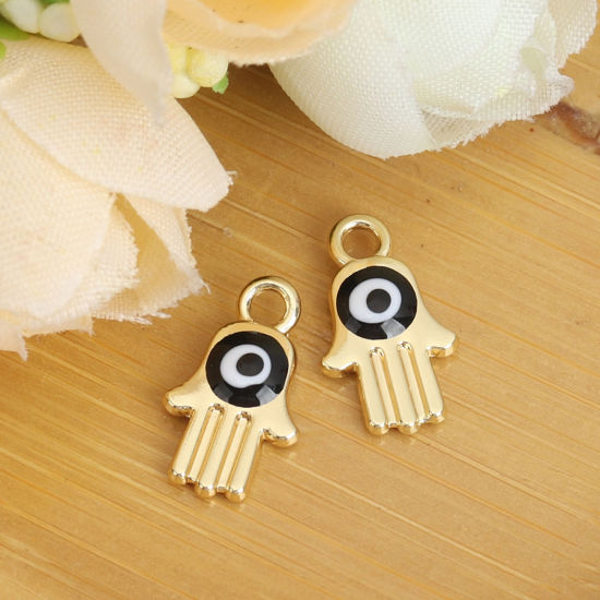 Immagine di Lega di Zinco Charms Palmo Oro Placcato Nero Malocchio Smalto 14mm x 8mm , 10 Pz