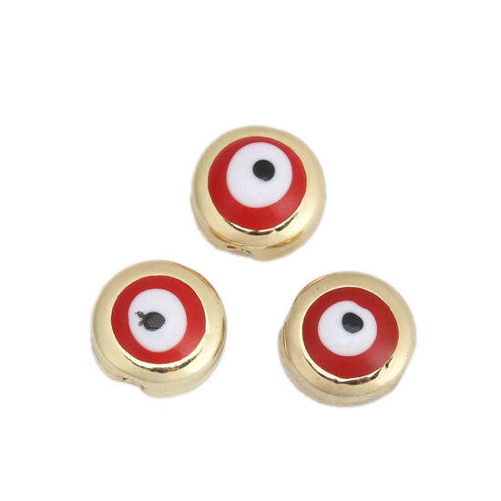 Bild von Zinklegierung Spacer Zwischenperlen Perlen Rund Vergoldet Rot Böser Blick Evil Eye Emaille ca. 8mm D., Loch:ca. 1.3mm, 10 Stück