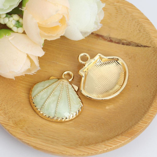 Picture of Zinc Based Alloy Charms Gold Plated Shell Beige Enamel 23mm x 23mm, 5 PCs