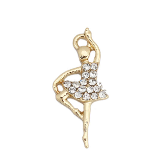 Imagen de Zamak Colgantes Charms Bailarina Chapado en Oro Transparente Rhinestone 22mm x 10mm, 10 Unidades