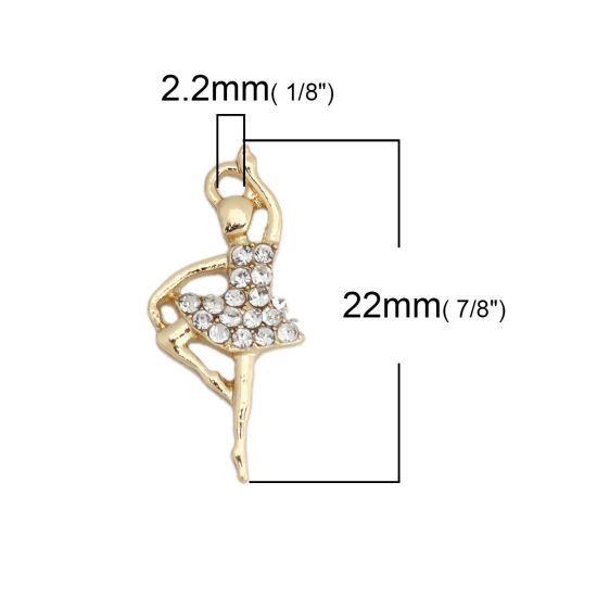 Imagen de Zamak Colgantes Charms Bailarina Chapado en Oro Transparente Rhinestone 22mm x 10mm, 10 Unidades
