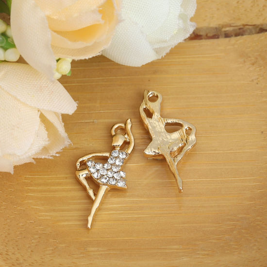 Imagen de Zamak Colgantes Charms Bailarina Chapado en Oro Transparente Rhinestone 22mm x 10mm, 10 Unidades