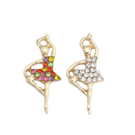 Imagen de Zamak Colgantes Charms Bailarina Chapado en Oro Transparente Rhinestone 22mm x 10mm, 10 Unidades