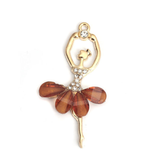 Picture of Zinc Based Alloy & Acrylic Pendants Ballerina Gold Plated Coffee Clear Rhinestone Faceted 6cm x 3cm, 5 PCs