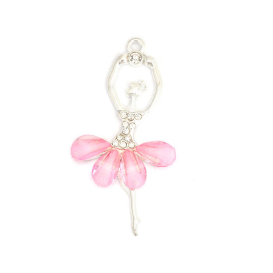 Picture of Zinc Based Alloy & Acrylic Pendants Ballerina Silver Plated Light Pink Clear Rhinestone Faceted 6cm x 3cm, 5 PCs
