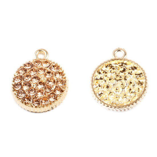 Picture of Zinc Based Alloy Micro Pave Charms Round Gold Plated Gear Champagne Rhinestone 20mm x 17mm, 5 PCs