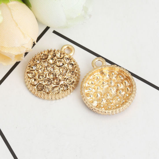 Picture of Zinc Based Alloy Micro Pave Charms Round Gold Plated Gear Champagne Rhinestone 20mm x 17mm, 5 PCs