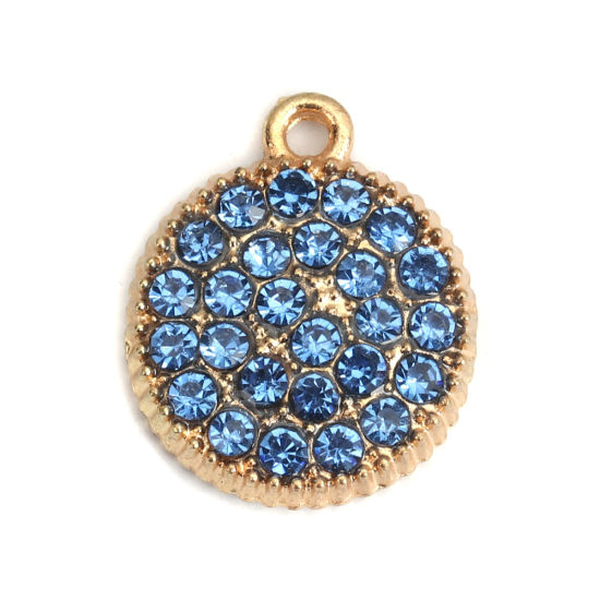 Picture of Zinc Based Alloy Micro Pave Charms Round Gold Plated Gear Blue Rhinestone 20mm x 17mm, 5 PCs