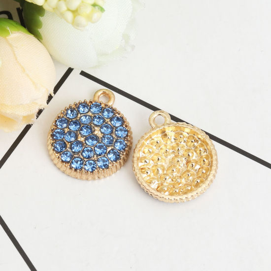 Picture of Zinc Based Alloy Micro Pave Charms Round Gold Plated Gear Blue Rhinestone 20mm x 17mm, 5 PCs