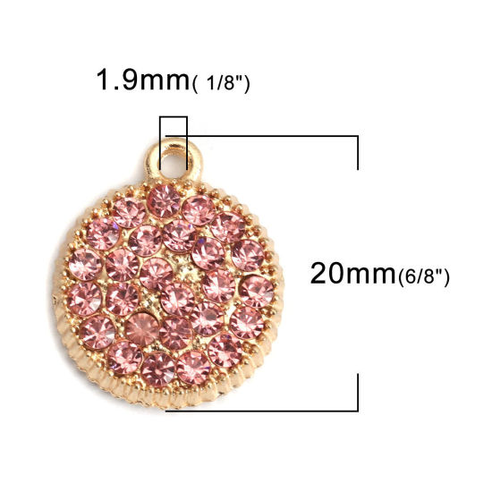 Picture of Zinc Based Alloy Micro Pave Charms Round Gold Plated Gear Korea Pink Rhinestone 20mm x 17mm, 5 PCs