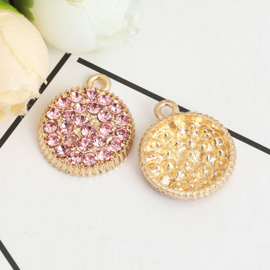 Picture of Zinc Based Alloy Micro Pave Charms Round Gold Plated Gear Korea Pink Rhinestone 20mm x 17mm, 5 PCs