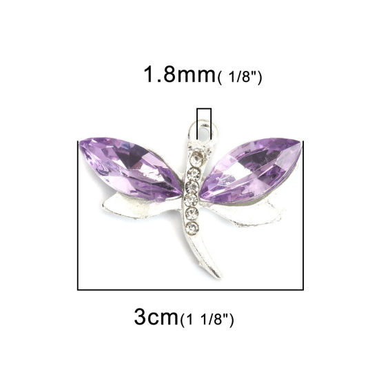 Picture of Zinc Based Alloy & Acrylic Pendants Dragonfly Animal Silver Plated Purple Clear Rhinestone Faceted 3cm x 2.2cm, 100 PCs