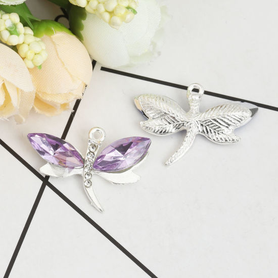 Picture of Zinc Based Alloy & Acrylic Pendants Dragonfly Animal Silver Plated Purple Clear Rhinestone Faceted 3cm x 2.2cm, 100 PCs