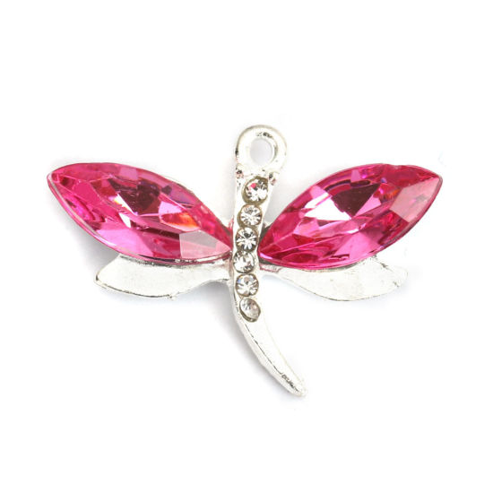 Picture of Zinc Based Alloy & Acrylic Pendants Dragonfly Animal Silver Plated Fuchsia Clear Rhinestone Faceted 3cm x 2.2cm, 100 PCs