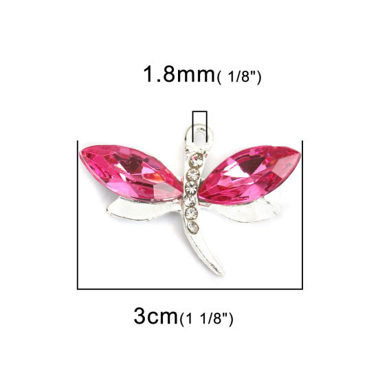 Picture of Zinc Based Alloy & Acrylic Pendants Dragonfly Animal Silver Plated Fuchsia Clear Rhinestone Faceted 3cm x 2.2cm, 100 PCs