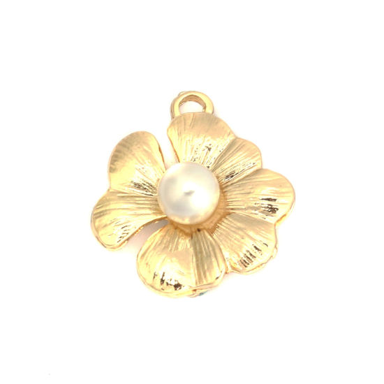 Picture of Zinc Based Alloy Connectors Flower Gold Plated White Acrylic Imitation Pearl 18mm x 16mm, 10 PCs
