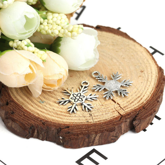 Picture of Zinc Based Alloy Charms Christmas Snowflake Antique Silver Color Carved Pattern 24mm x 18mm, 20 PCs
