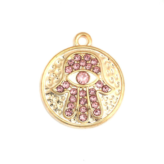 Picture of Zinc Based Alloy Charms Round Gold Plated Hamsa Symbol Hand Pink Rhinestone 24mm x 20mm, 5 PCs