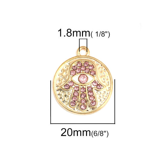 Picture of Zinc Based Alloy Charms Round Gold Plated Hamsa Symbol Hand Pink Rhinestone 24mm x 20mm, 5 PCs