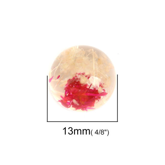 レジン + ドライフラワー カボション 半球 赤+ピンク 透明 13mm 直径、 5 個 の画像