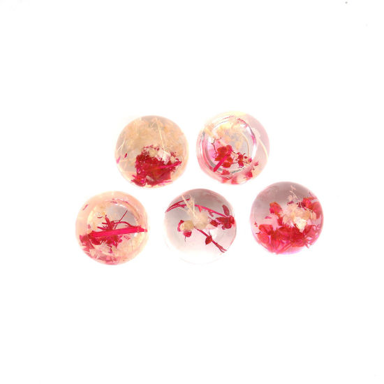 レジン + ドライフラワー カボション 半球 赤+ピンク 透明 13mm 直径、 5 個 の画像