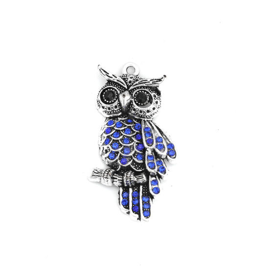 Picture of Zinc Based Alloy Pendants Owl Animal Antique Silver Color Blue & Black Rhinestone 4.5cm x 2.3cm, 5 PCs