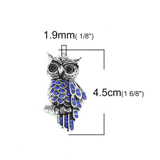 Picture of Zinc Based Alloy Pendants Owl Animal Antique Silver Color Blue & Black Rhinestone 4.5cm x 2.3cm, 5 PCs