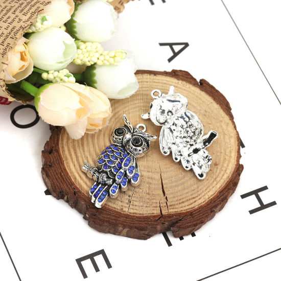 Picture of Zinc Based Alloy Pendants Owl Animal Antique Silver Color Blue & Black Rhinestone 4.5cm x 2.3cm, 5 PCs